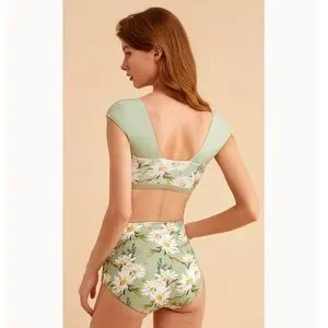 Swim Retro Pale Green And White Floral Reversible High Waisted